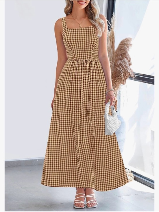 PrettyGarden Dresses & Skirts - Gingham Square Neck Maxi Dress in Brown